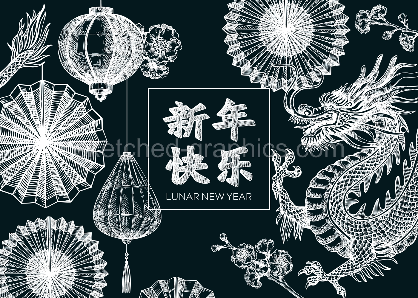 China background. Chinese New Year frame design. Dragon chalk drawing. NOT AI generated Illustration